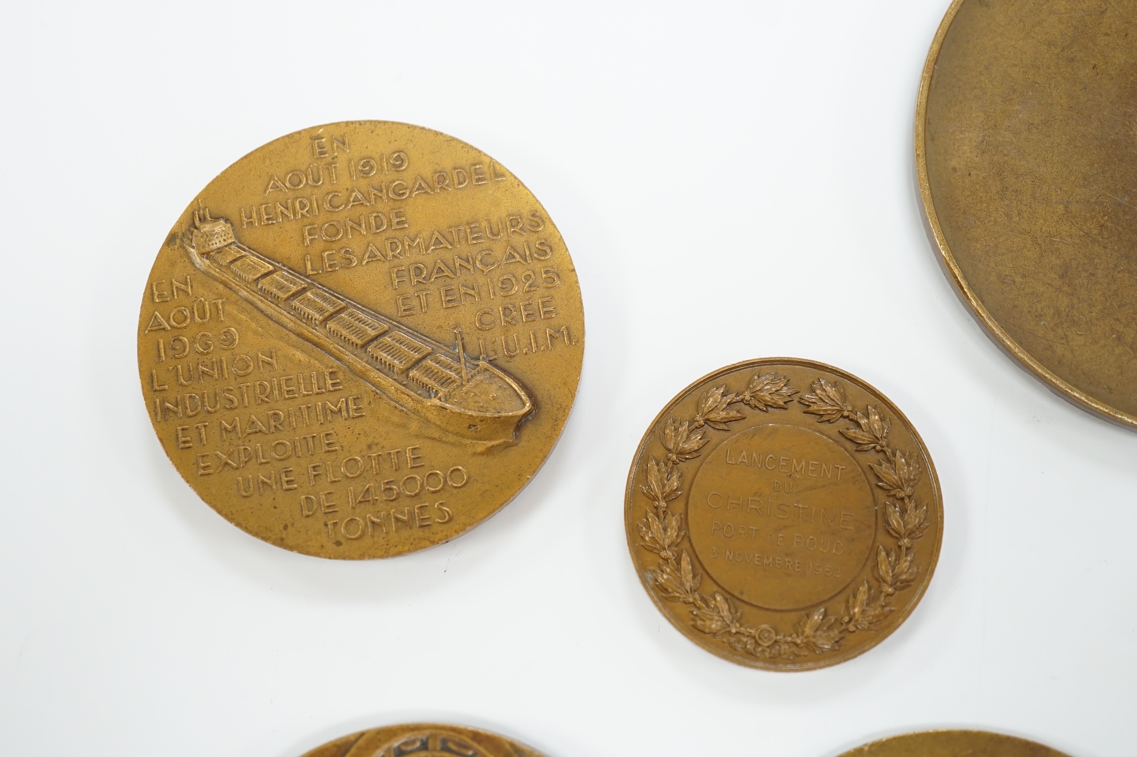 Seven bronze medallions, including awards and commemorative pieces; A.H. Johnson, Henri Cangardel, Albert Thomas, etc., largest 8 cm diameter
